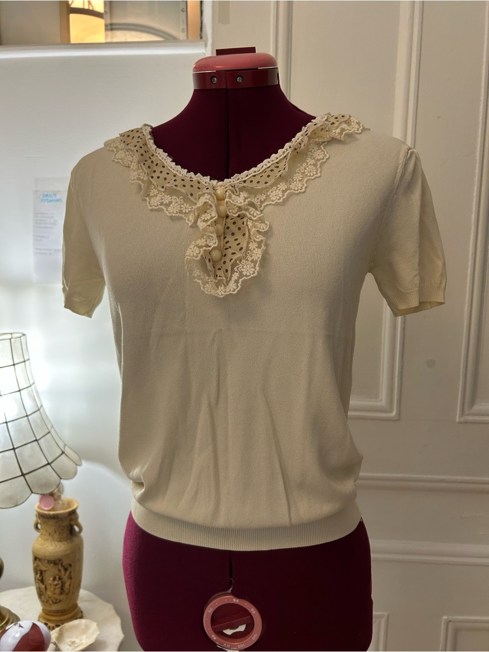 Cream Lace-Trim Short Sleeve Women's Top